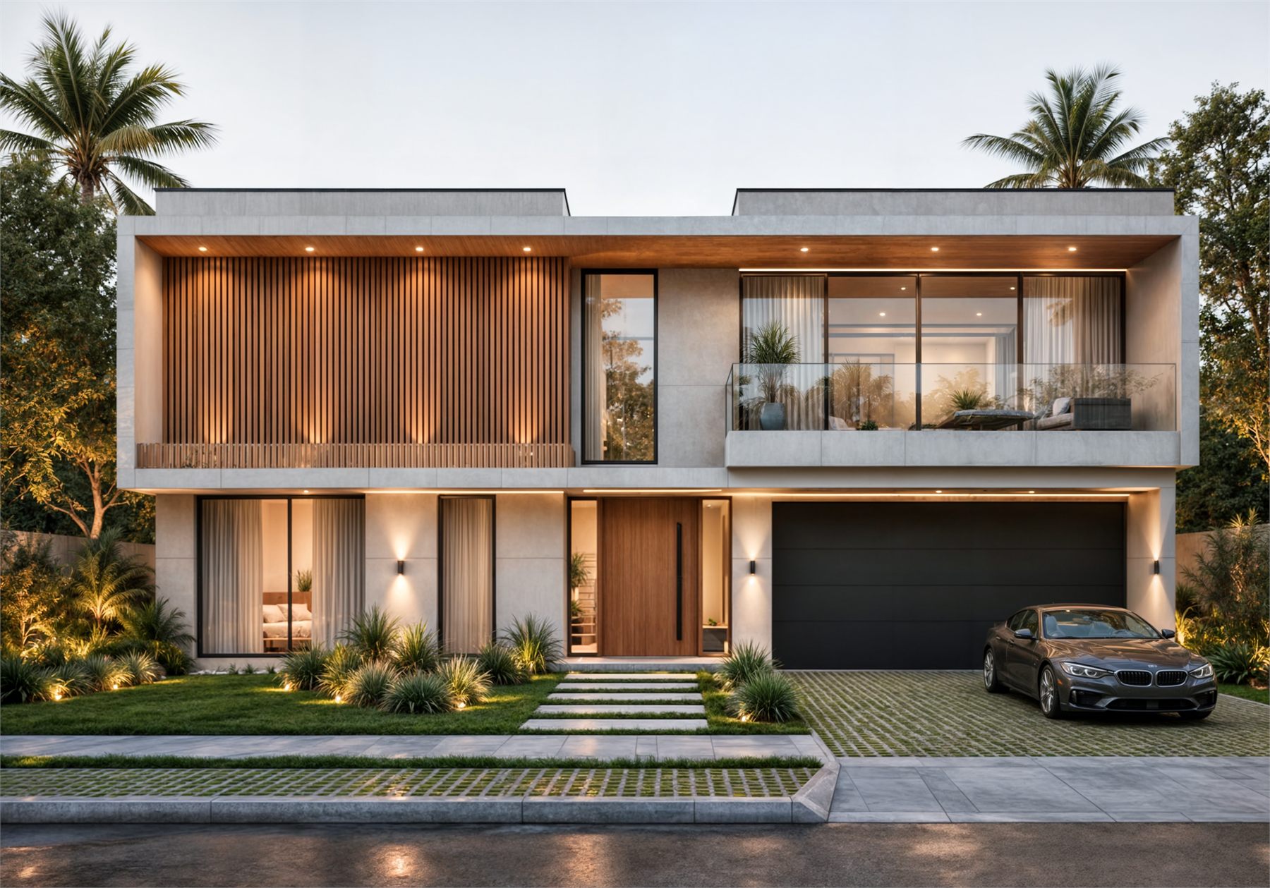 Sharjah Villa at dusk — concrete massing behind timber slat screening